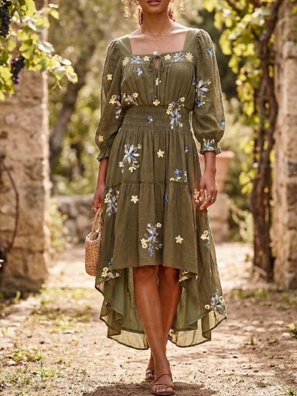 Anthropologie Fig & Flower Olive Embroidered Hi-Low Lined Boho Dress Sz LG Fairy